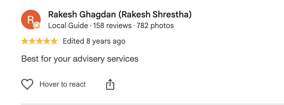 Google review by Rakesh Ghagdan, 5 out of 5, edited 8 years ago: Best for your advisery services