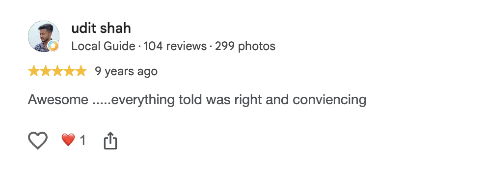 Google review by udit shah, 5 out of 5, 9 years ago: Awesome .....everything told was right and conviencing